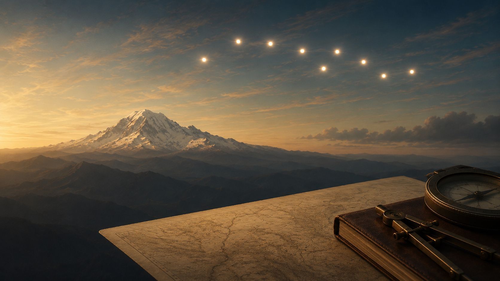 Ilustração editorial mostrando uma paisagem montanhosa ao entardecer, com mapa de navegação sem texto legível em primeiro plano e nove pontos luminosos discretos no céu.